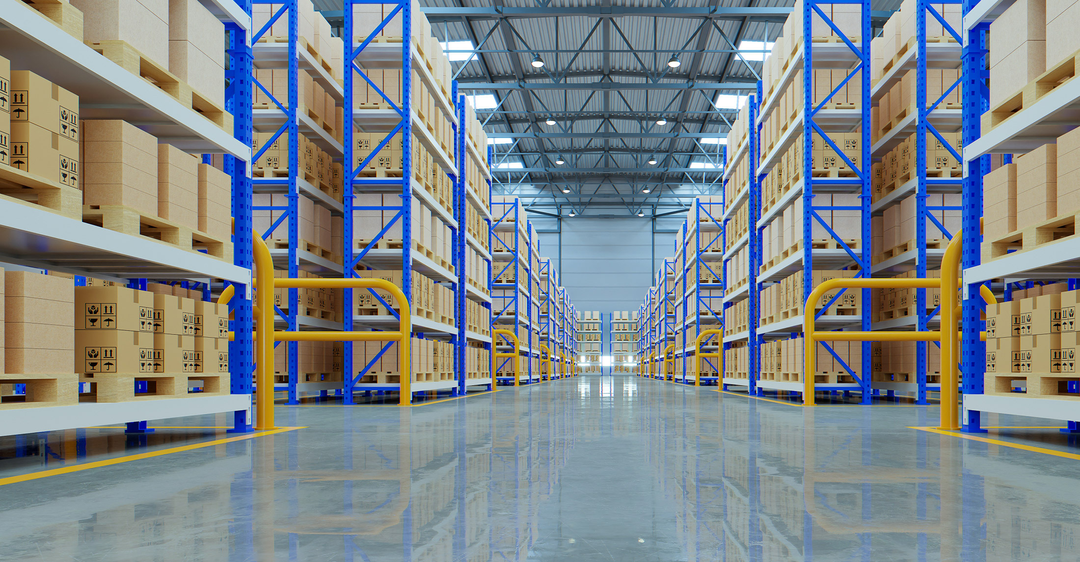 inside of a warehouse with blue and grey scaffolding and cardboard boxes on the shelves