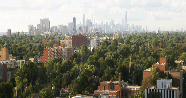 Overview of Crystal Lake with Chicago skyline in background