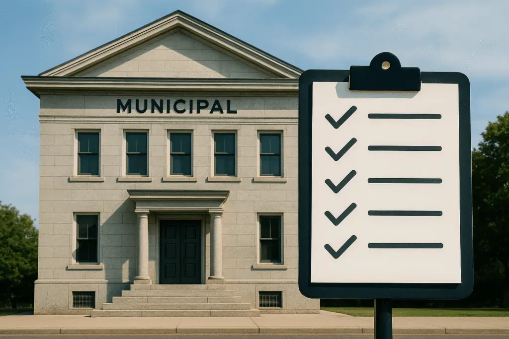Municiapl building with a checklist on a clipboard