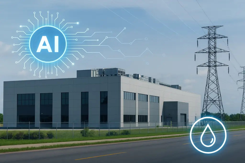 industrial building with large electricity tower outside