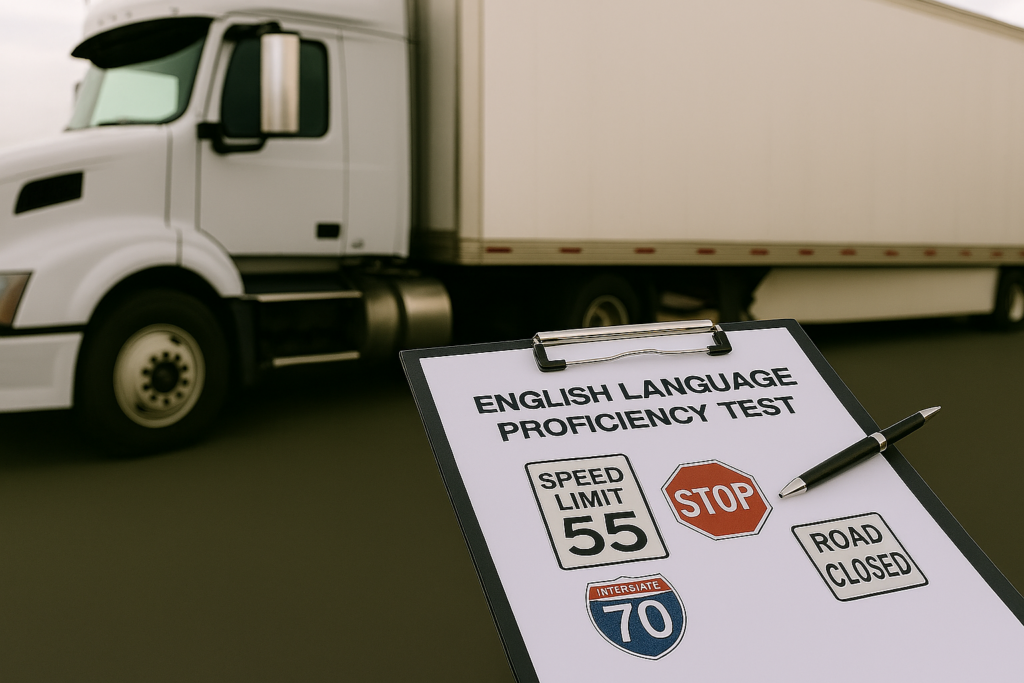 Clipboard labeled “English Language Proficiency Test” featuring common U.S. road signs—including a Speed Limit 55 sign, an Interstate 70 shield, a stop sign, and a “Road Closed” sign—positioned in the foreground with a semi-truck blurred in the background.