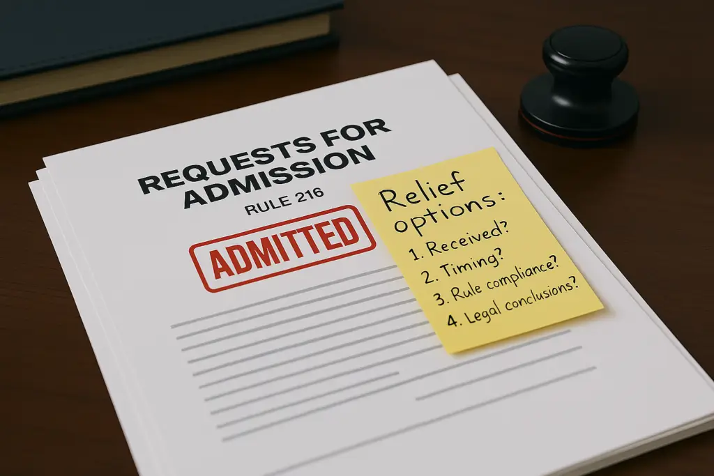 Legal document titled “Requests for Admission – Rule 216” stamped “ADMITTED” in red, with a yellow sticky note listing relief options including receipt, timing, rule compliance, and legal conclusions