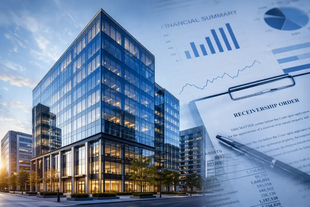 Glass office building with financial charts and a receivership order document, representing commercial receivership and corporate restructuring.