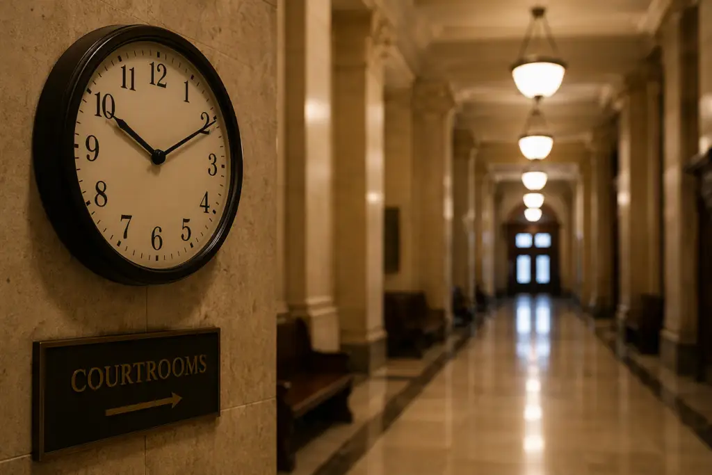 courthouse hallway with large clock on wall