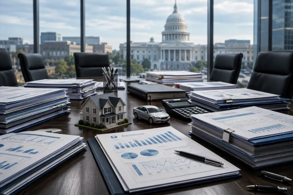 Boardroom table covered with insurance and financial documents, a model house and car, and a government capitol-style building visible through the windows in the background.