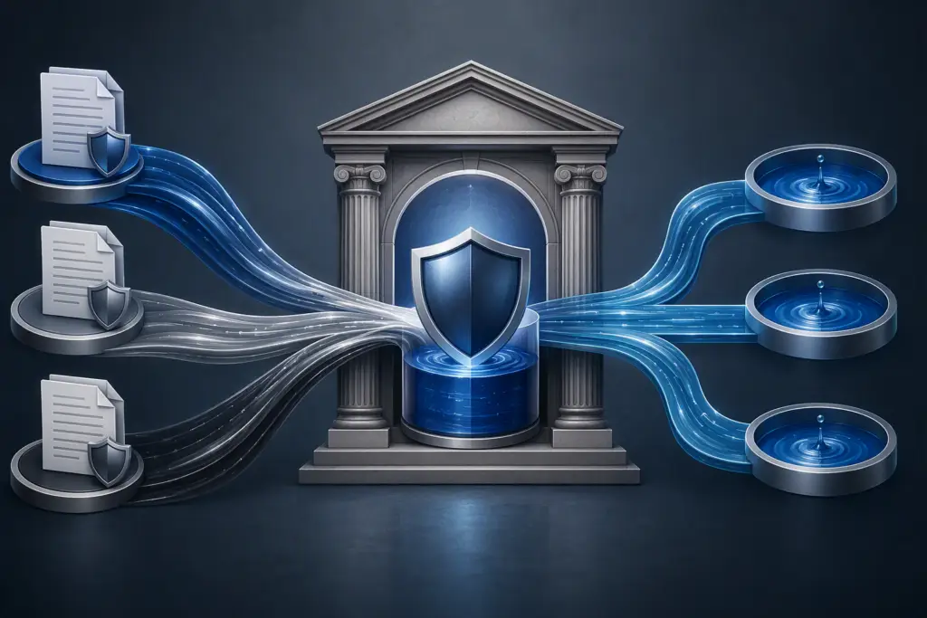 Digital illustration showing legal documents flowing through a courthouse and protective shield, a visual representation of interpleader and stakeholder safe harbor protection.