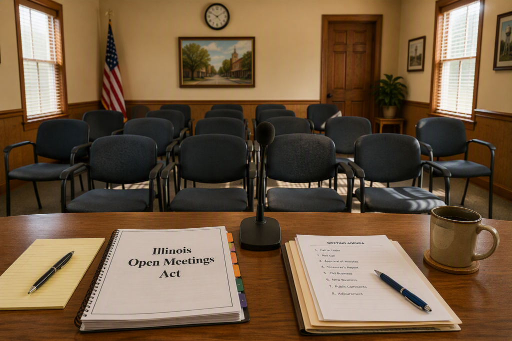 Village board meeting room with public seating, a microphone, meeting materials, and an Illinois Open Meetings Act notebook.