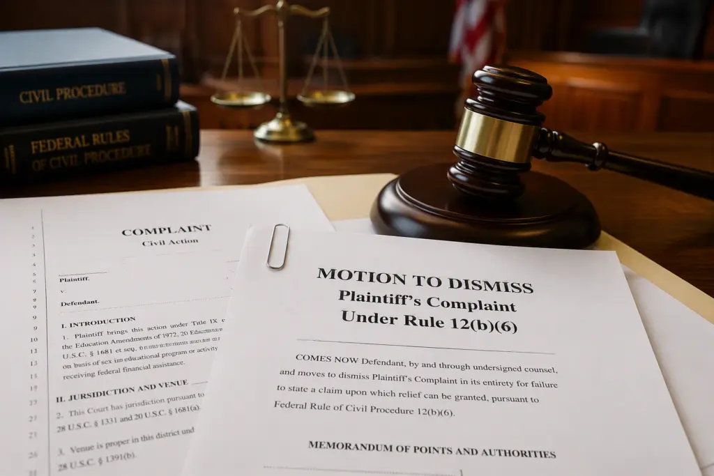 Judge's gavel resting on a motion to dismiss a Title IX complaint.