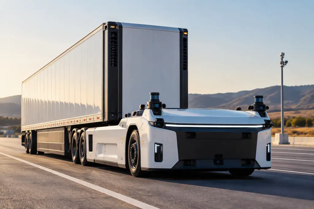 Autonomous commercial freight vehicle equipped with sensors and LiDAR technology, illustrating emerging self-driving transportation systems