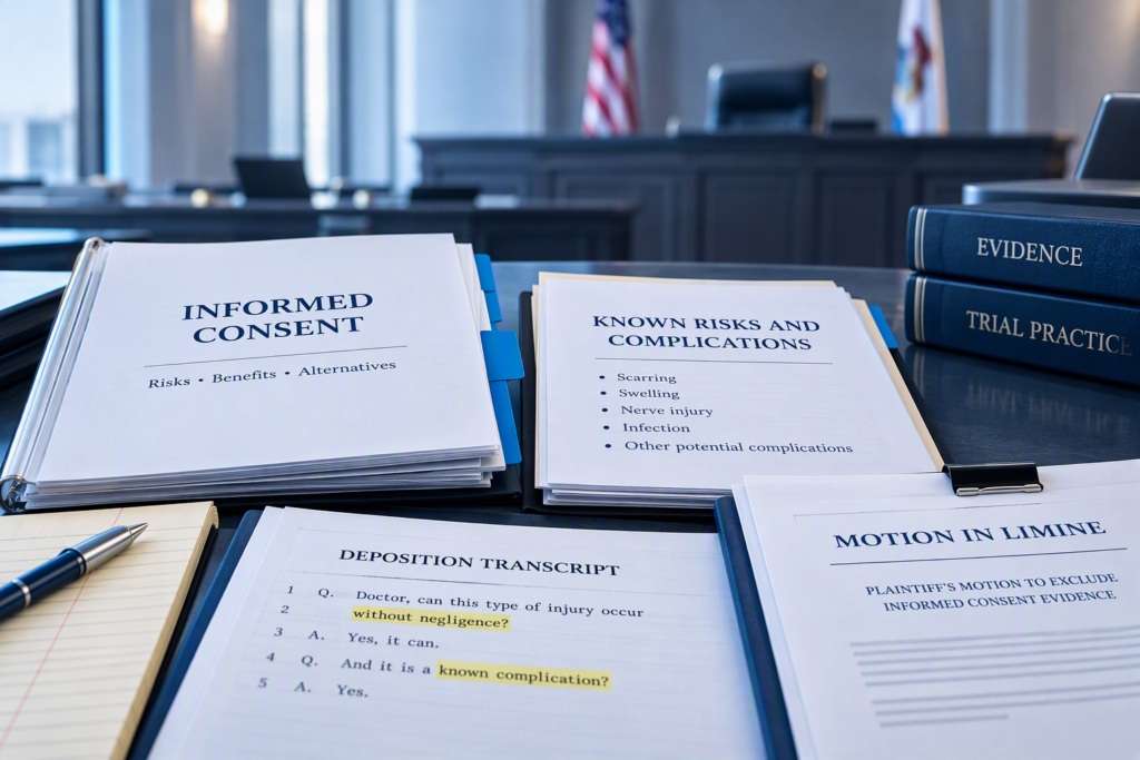 Trial-preparation materials highlighting informed-consent evidence, known complications, and evidentiary issues in a medical malpractice case.