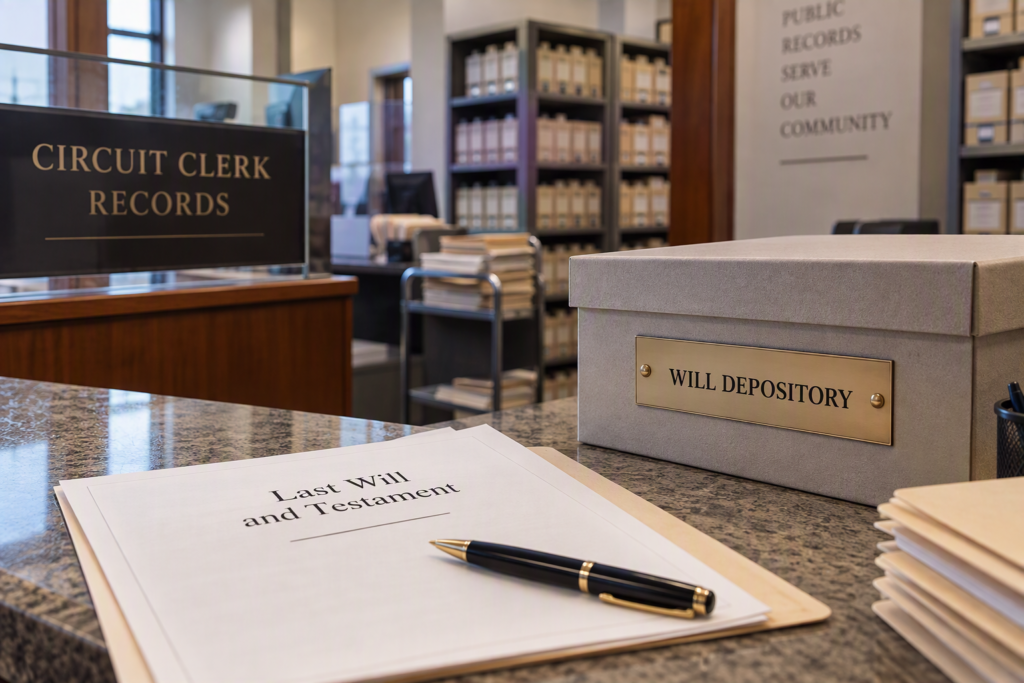 will depository box and last will and testament document at a circuit clerk's records office